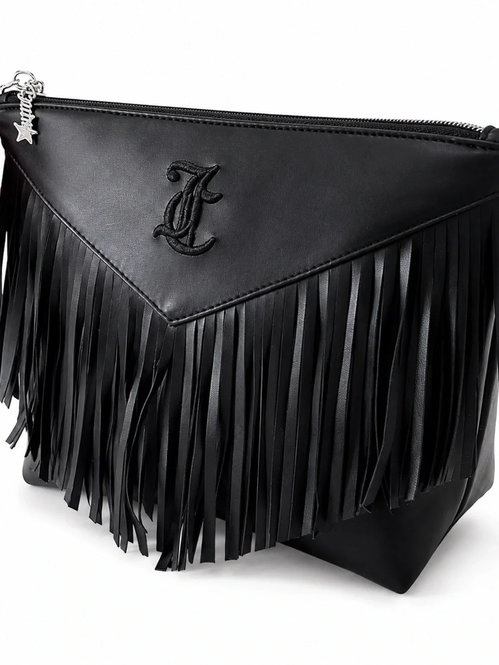 Juicy Couture Black Fringe Cosmetic Bag Clutch Pink Lining Y2K Boho Chic Western